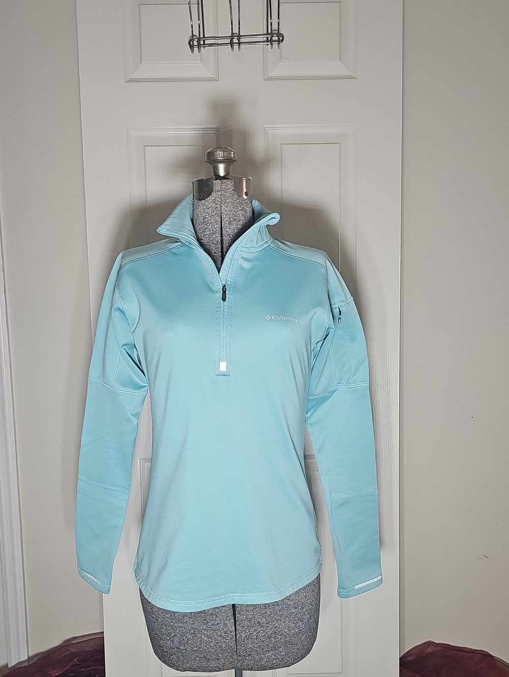 Columbia Omni Wick Aqua Blue 1/4 Zip Pullover Jacket Thumbholes Sleeve Pocket S